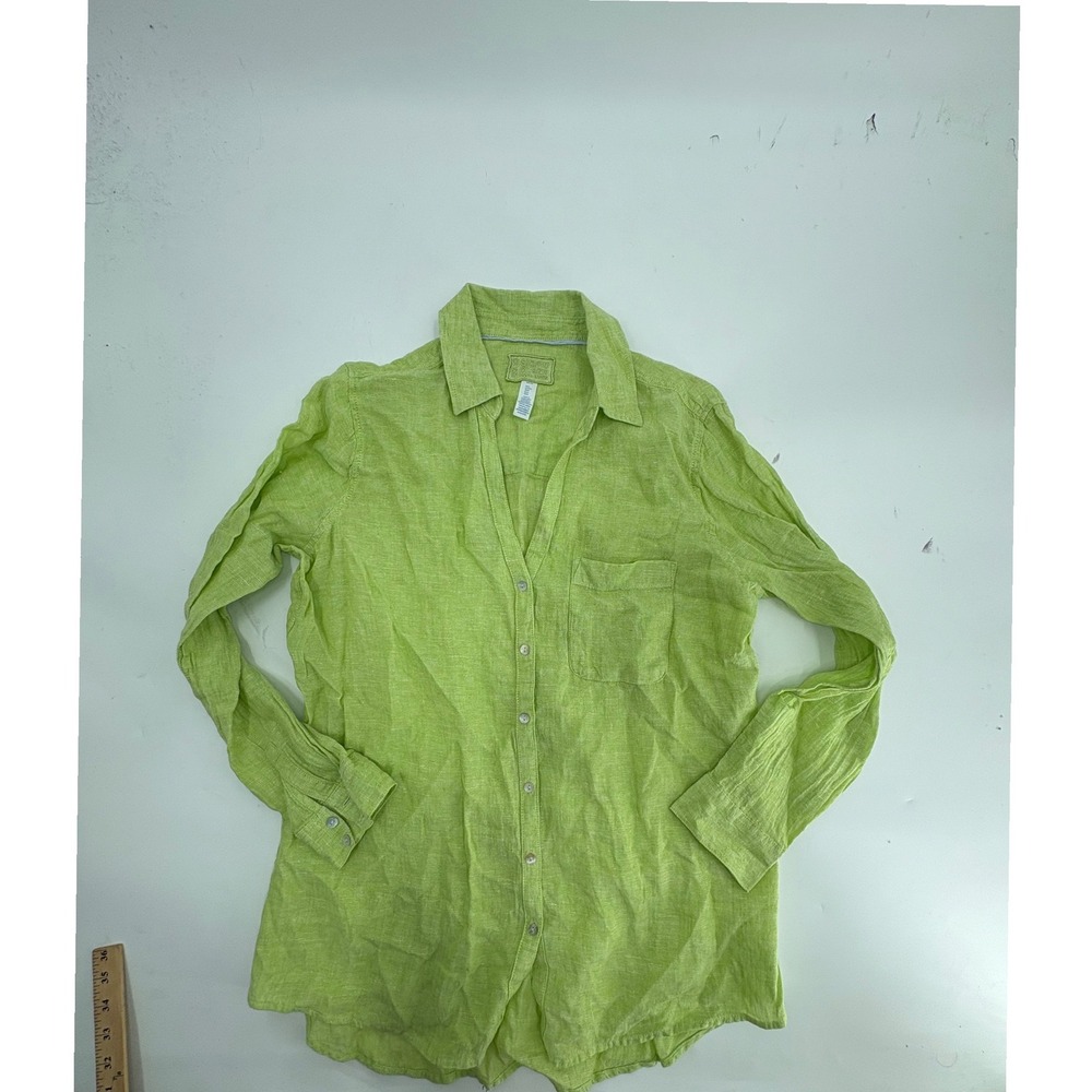 Sigrid Olsen Womens Medium Lime Green 100% Linen Button Up Long Sleeve Shirt